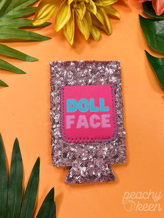 Doll Face Light Pink Sequin Slim Can Koozie