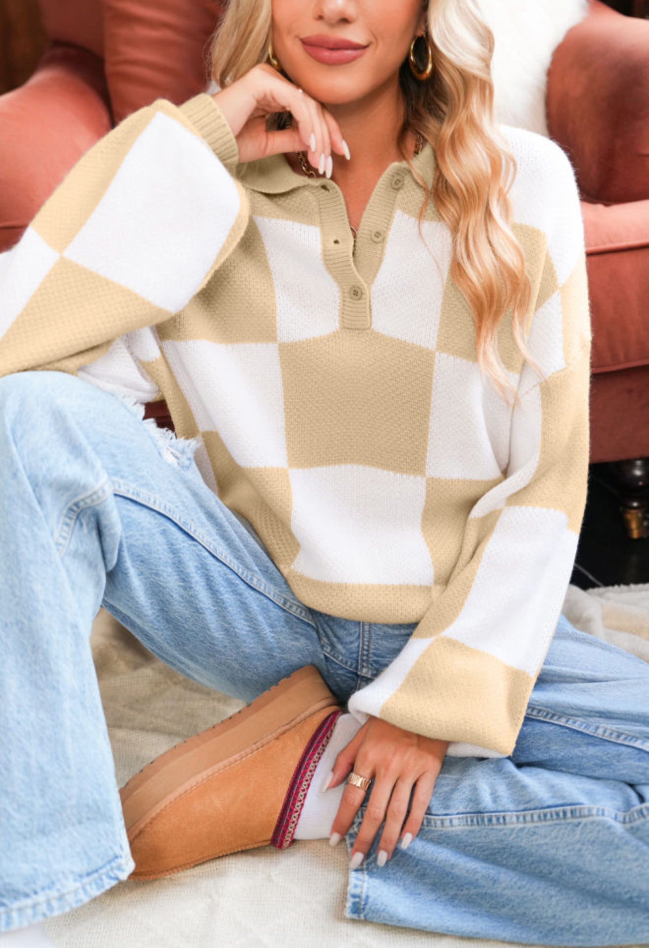 Light French Check Collared Sweater