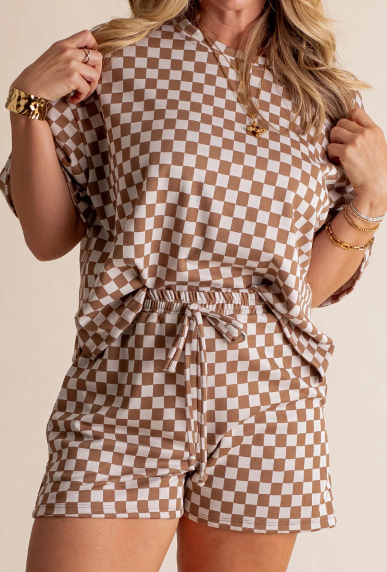 Brown Checkered Side Slit Plus Size Casual Set
