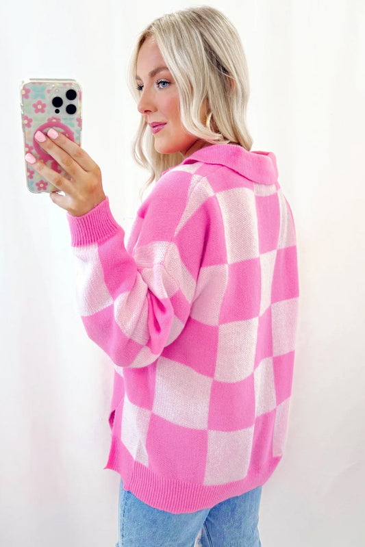Pink Check Collared Sweater