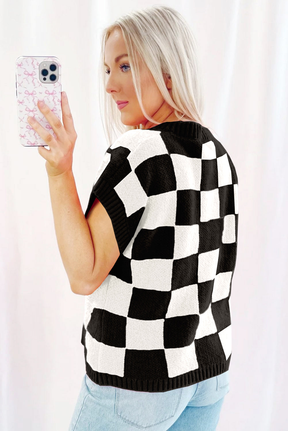Checkered Dolman Sleeve Top