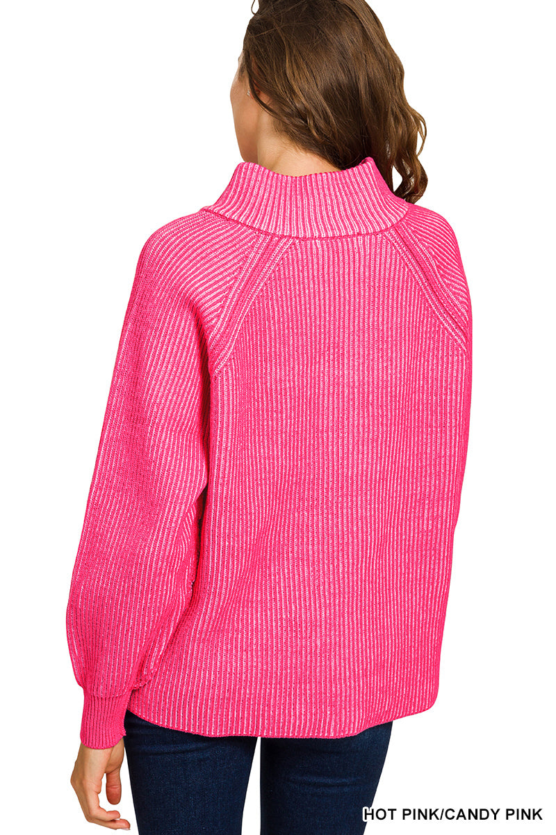 Two Tone Half Zip Sweater - Candy Pink