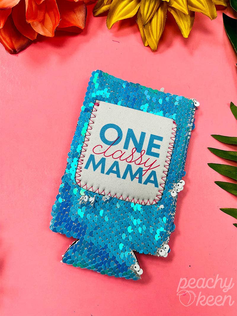One Classy Mama Blue Sequin Slim Can Koozie