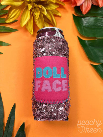 Doll Face Light Pink Sequin Slim Can Koozie