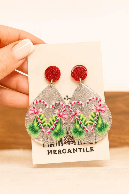 Candy Cane Grinch Hand Earring