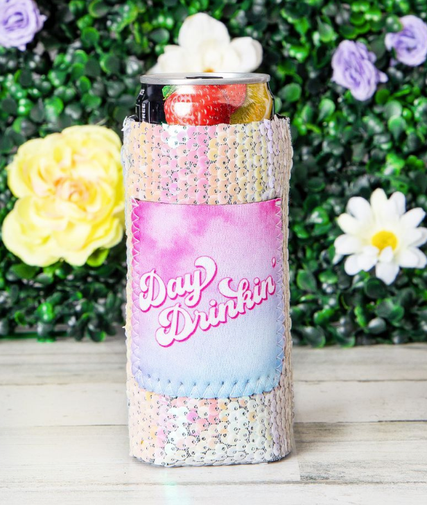 Day Drinkin' Sequin Slim Can Koozie