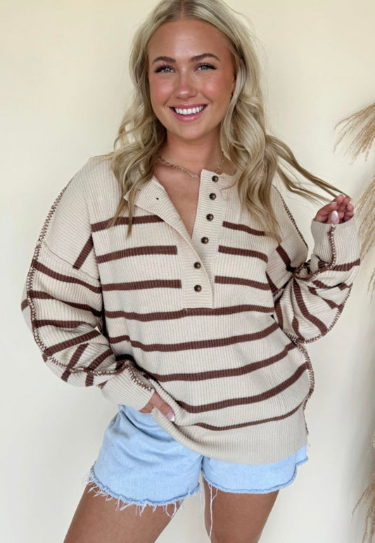 Loose Knit Striped Henley