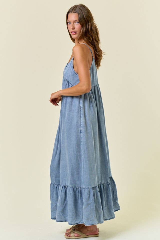 Chambray Tiered Ruffled Skirt Midi Dress