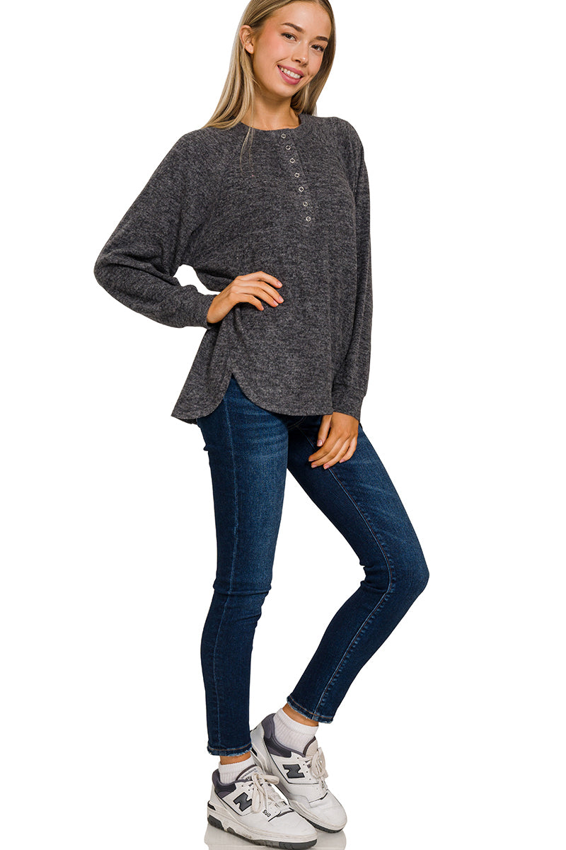 Oversized Melange Henley - Black