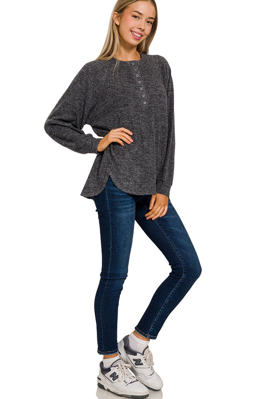 Oversized Melange Henley - Black