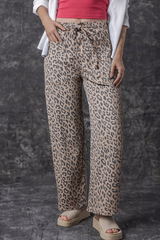 Khaki Leopard Drawstring Wide Leg Jeans