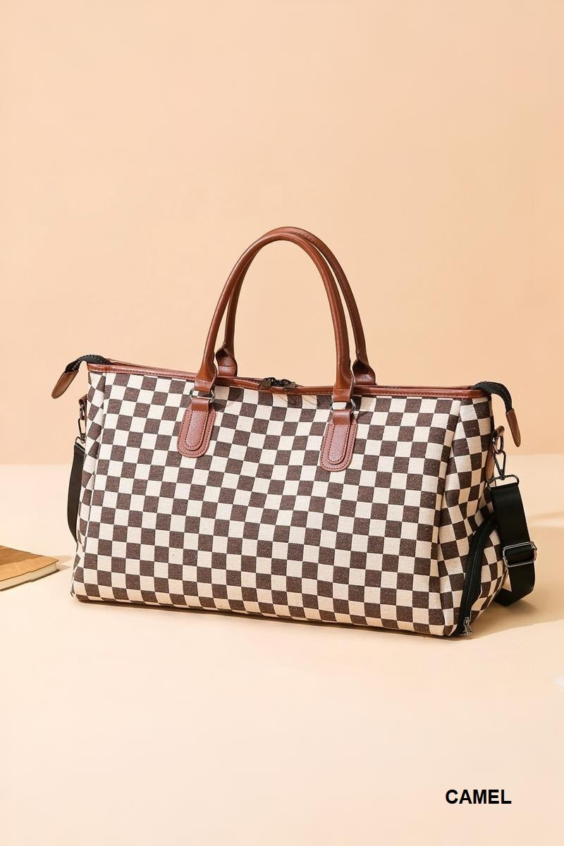 Brown Checkered Duffle Bag